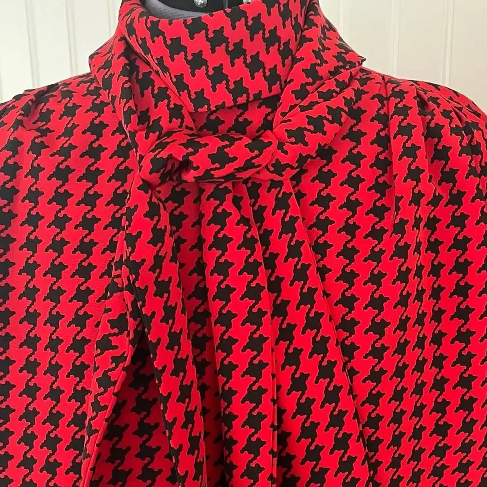 Vintage 80s 90s Red and Black Matching Top Skirt and Scarf Bow Tie Neck Size 12
